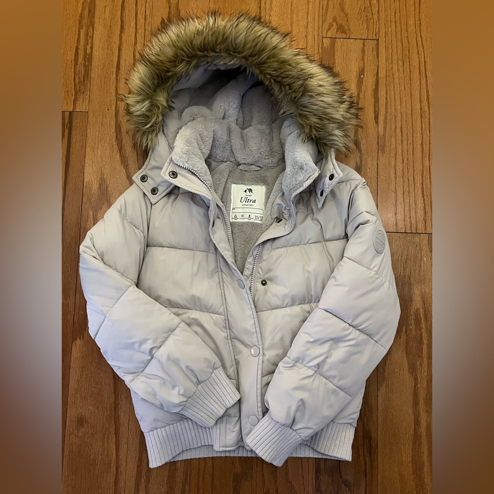 Abercrombie Kids Light Gray Puffer Jacket with Faux Fur Trim